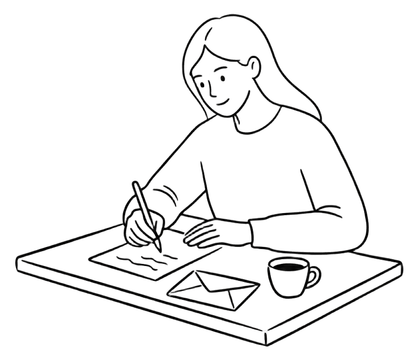 笑顔で手紙を書いている人のイラスト
